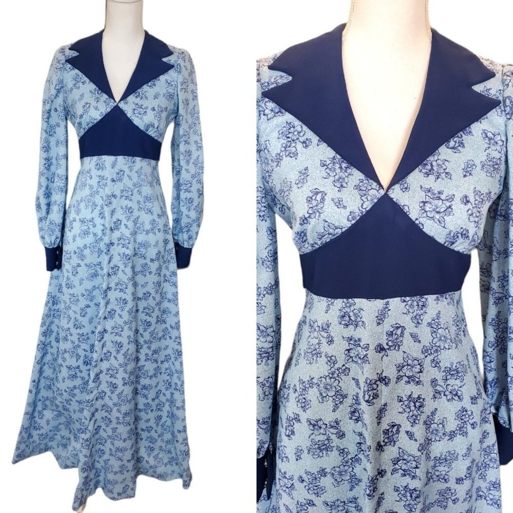 Vintage 70s Blue Longsleeve Notch Collar Empire Waist Floral Dress Sz 2/4